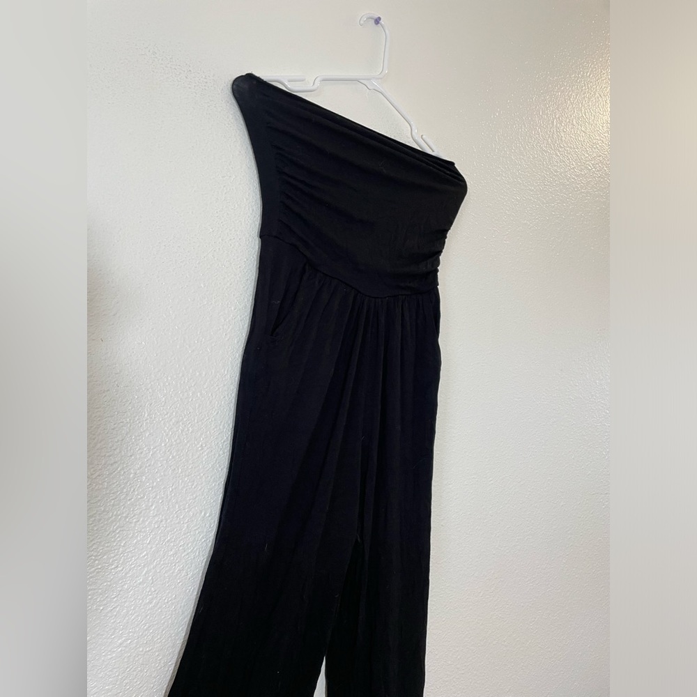 Chic Comfort: All Black Strapless Cotton Jumpsuit/ Romper with Flared Legs